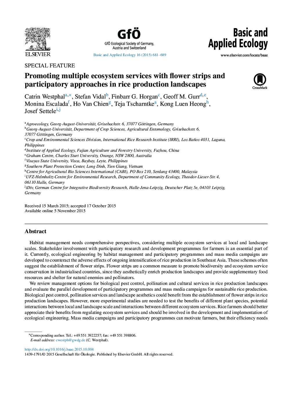 Promoting multiple ecosystem services with flower strips and participatory approaches in rice production landscapes