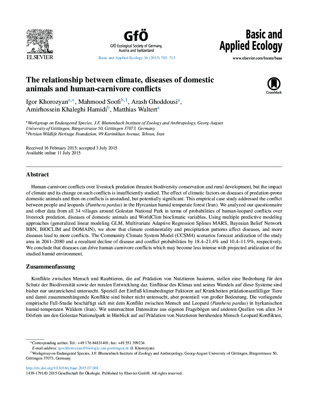The relationship between climate, diseases of domestic animals and human-carnivore conflicts