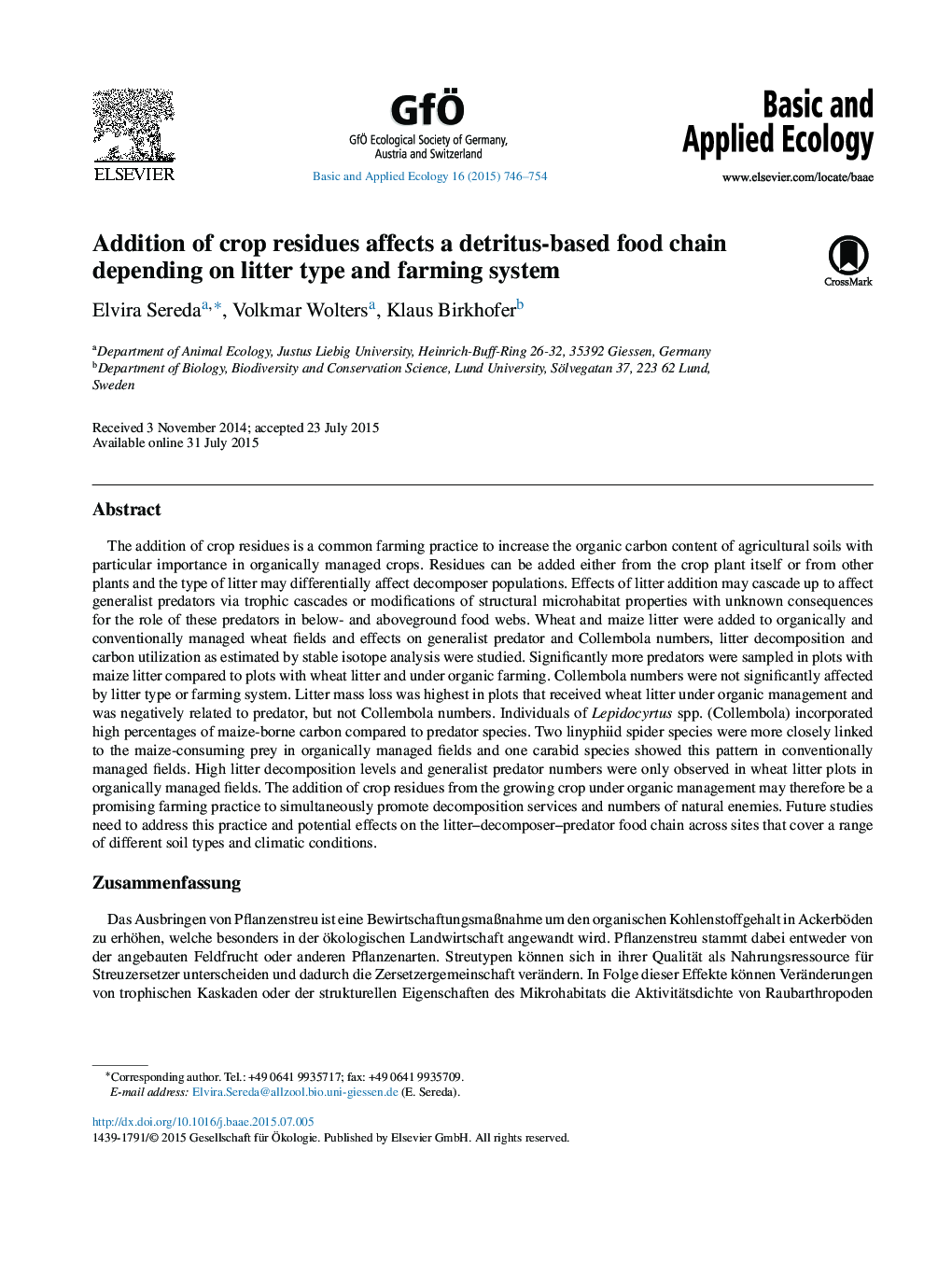 Addition of crop residues affects a detritus-based food chain depending on litter type and farming system