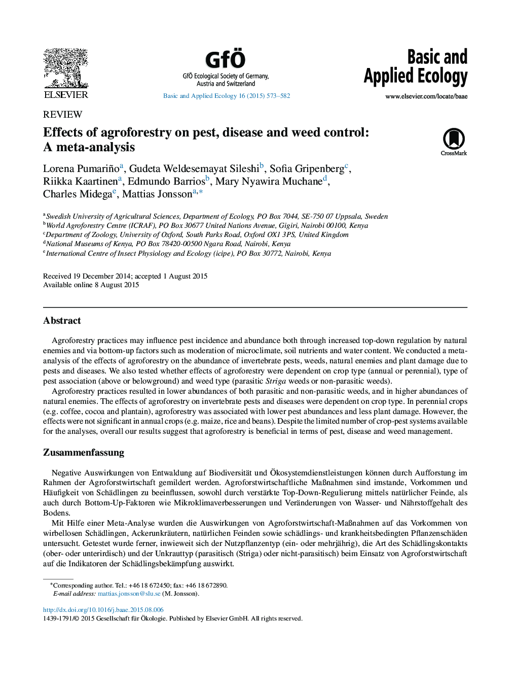 Effects of agroforestry on pest, disease and weed control: A meta-analysis