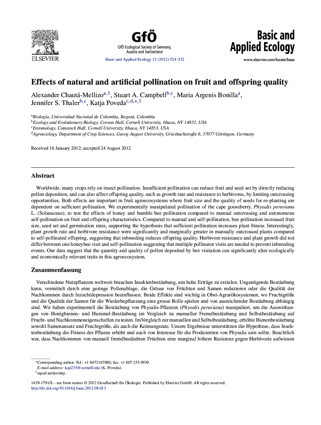 Effects of natural and artificial pollination on fruit and offspring quality