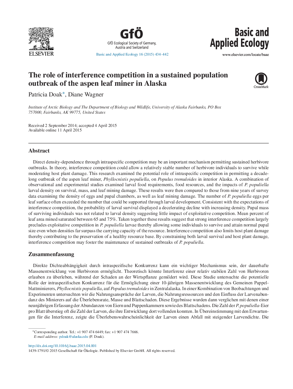 The role of interference competition in a sustained population outbreak of the aspen leaf miner in Alaska