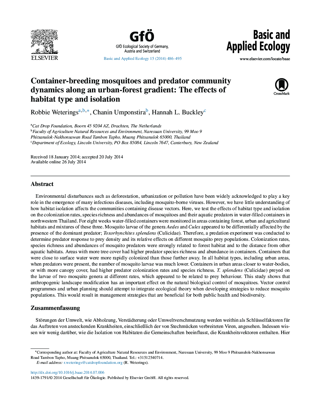 Container-breeding mosquitoes and predator community dynamics along an urban-forest gradient: The effects of habitat type and isolation