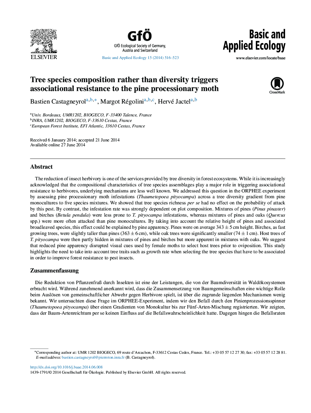 Tree species composition rather than diversity triggers associational resistance to the pine processionary moth