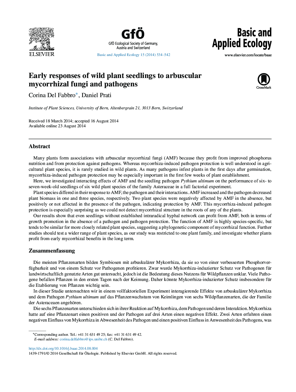 Early responses of wild plant seedlings to arbuscular mycorrhizal fungi and pathogens