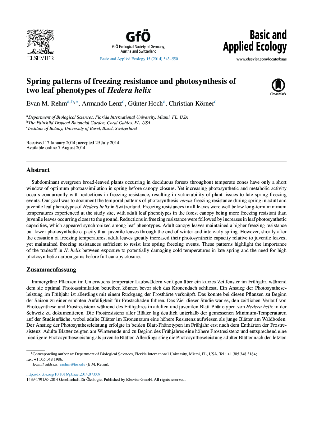 Spring patterns of freezing resistance and photosynthesis of two leaf phenotypes of Hedera helix