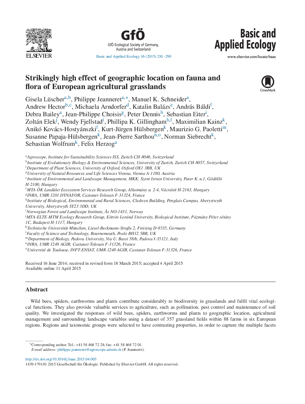 Strikingly high effect of geographic location on fauna and flora of European agricultural grasslands