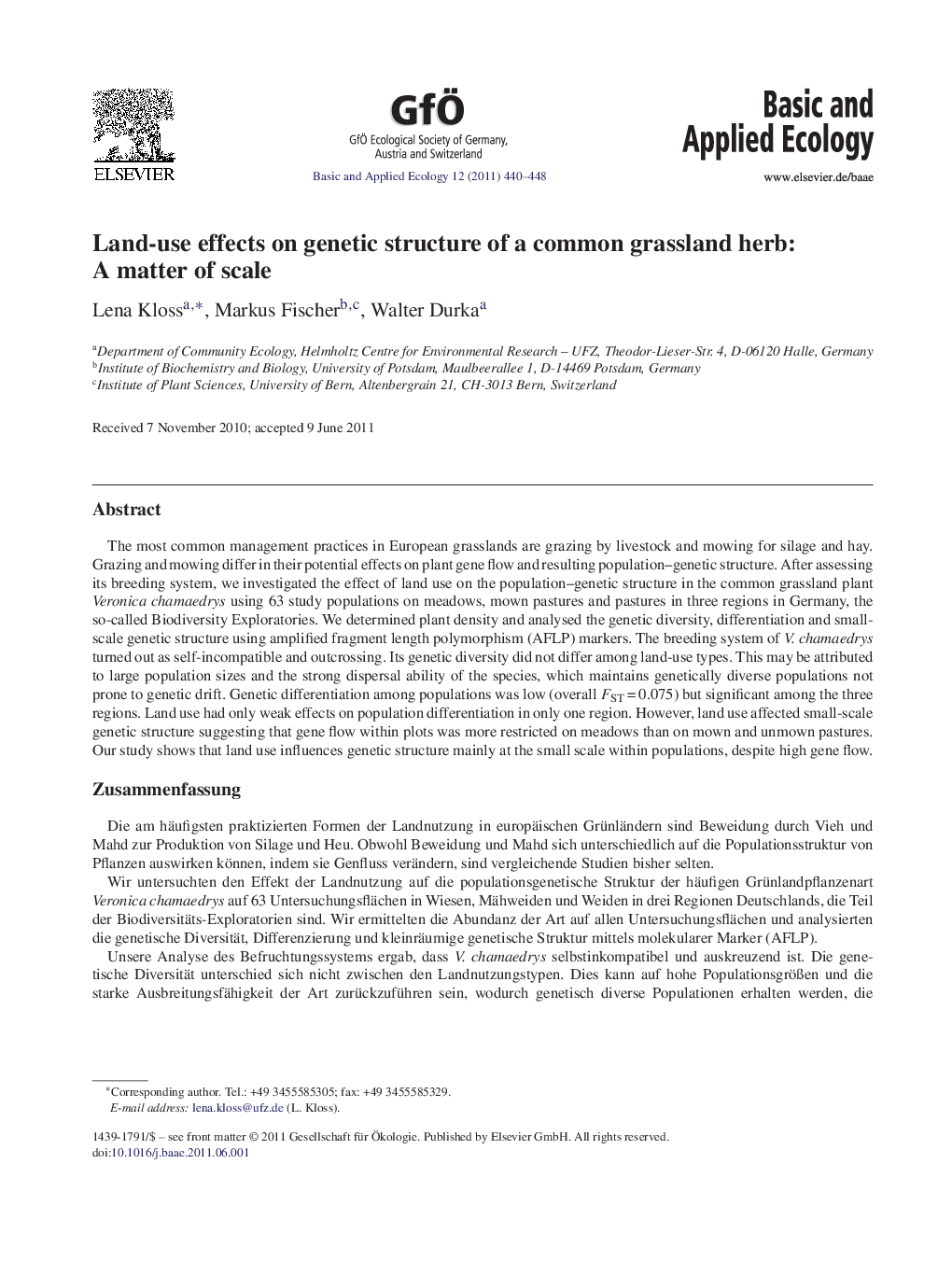 Land-use effects on genetic structure of a common grassland herb: A matter of scale