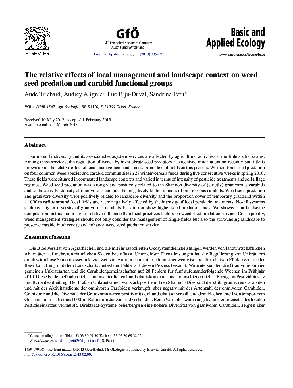 The relative effects of local management and landscape context on weed seed predation and carabid functional groups