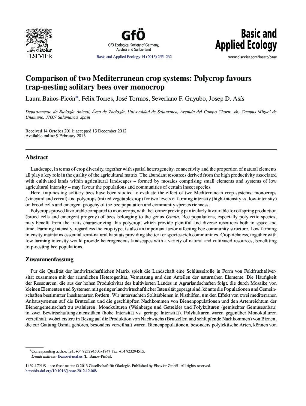 Comparison of two Mediterranean crop systems: Polycrop favours trap-nesting solitary bees over monocrop