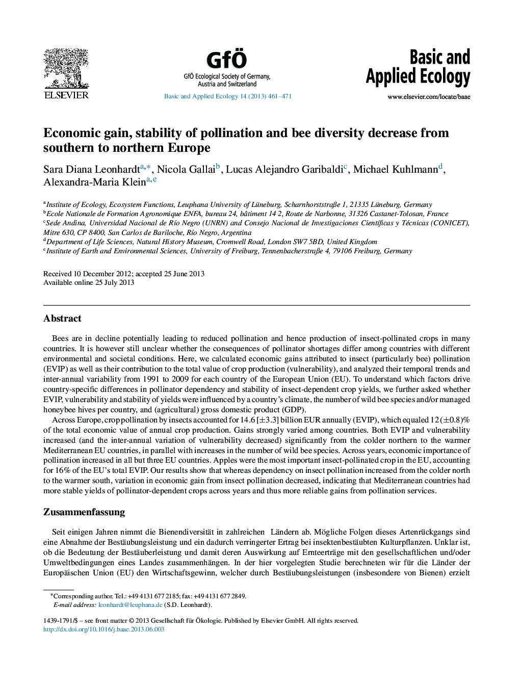 Economic gain, stability of pollination and bee diversity decrease from southern to northern Europe