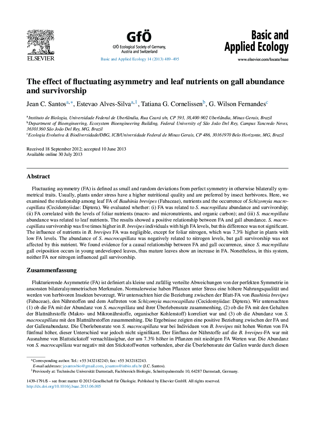 The effect of fluctuating asymmetry and leaf nutrients on gall abundance and survivorship