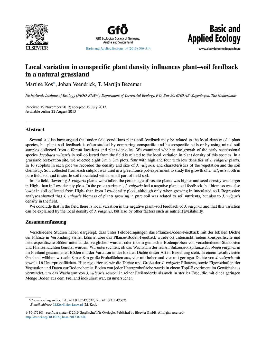 Local variation in conspecific plant density influences plant–soil feedback in a natural grassland