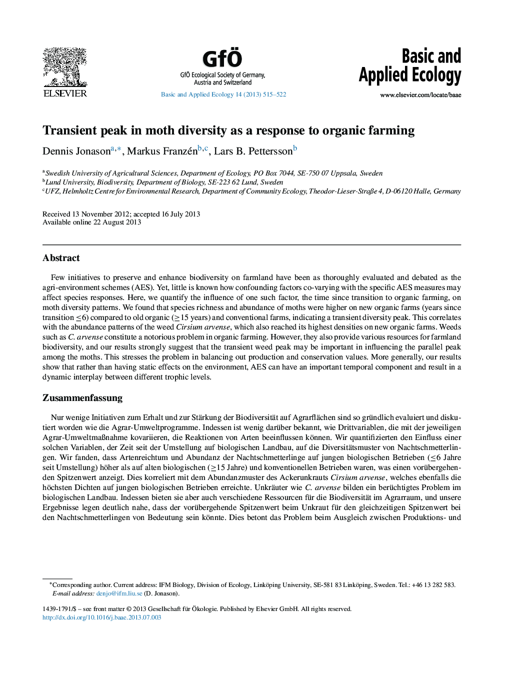 Transient peak in moth diversity as a response to organic farming