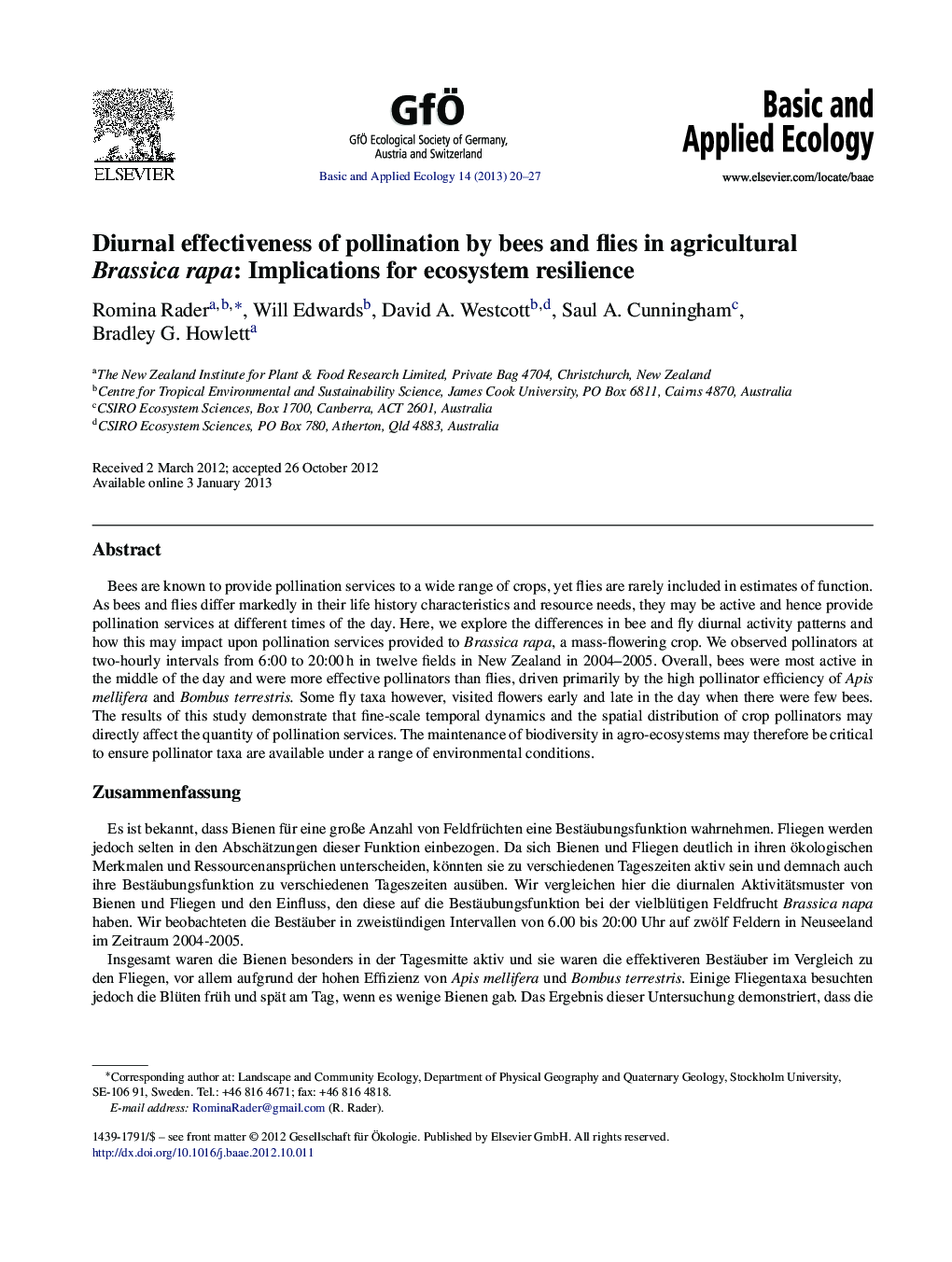 Diurnal effectiveness of pollination by bees and flies in agricultural Brassica rapa: Implications for ecosystem resilience