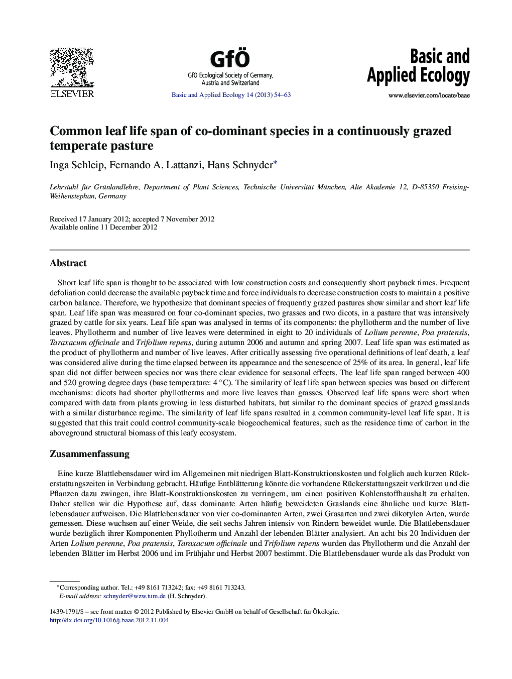 Common leaf life span of co-dominant species in a continuously grazed temperate pasture