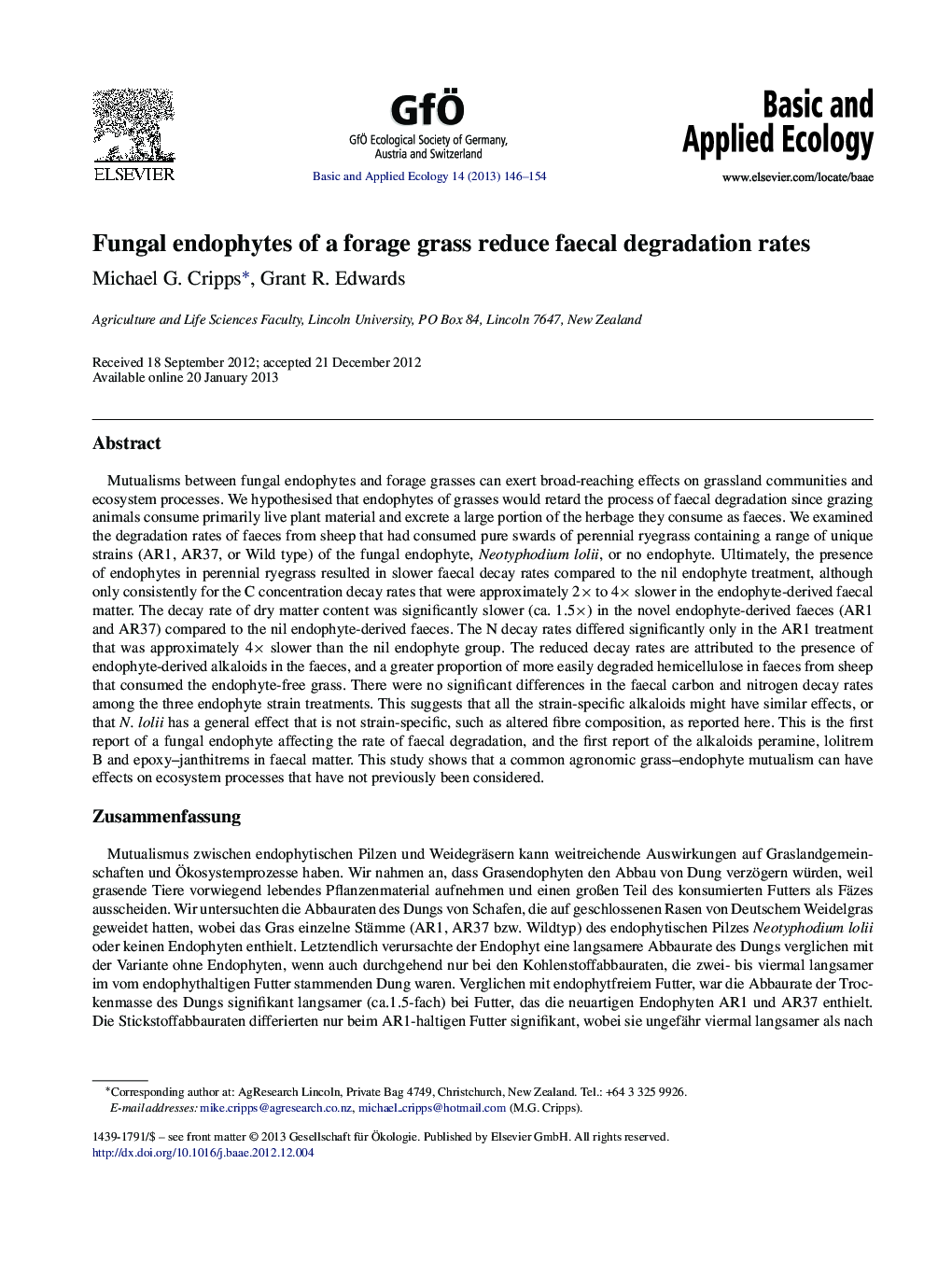 Fungal endophytes of a forage grass reduce faecal degradation rates