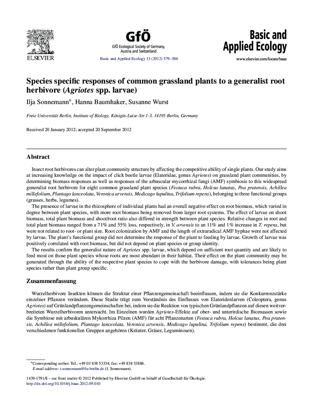 Species specific responses of common grassland plants to a generalist root herbivore (Agriotes spp. larvae)