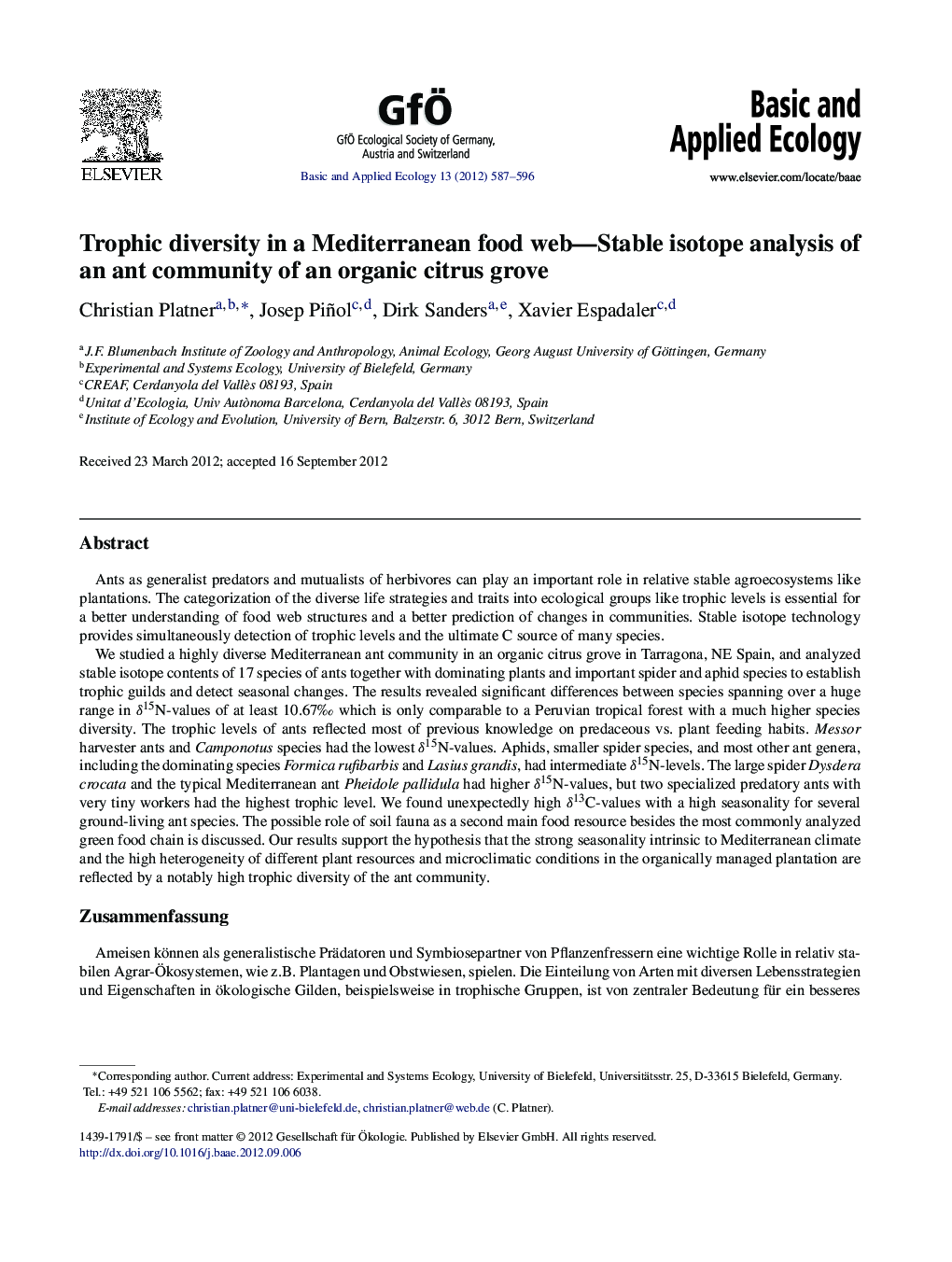 Trophic diversity in a Mediterranean food web—Stable isotope analysis of an ant community of an organic citrus grove