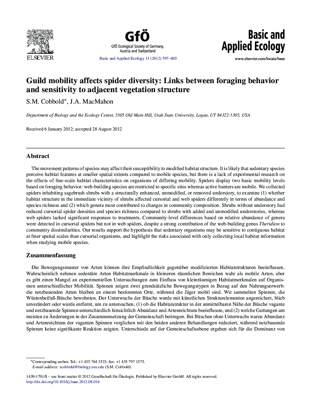 Guild mobility affects spider diversity: Links between foraging behavior and sensitivity to adjacent vegetation structure