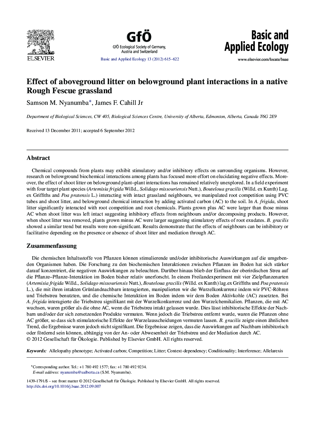 Effect of aboveground litter on belowground plant interactions in a native Rough Fescue grassland
