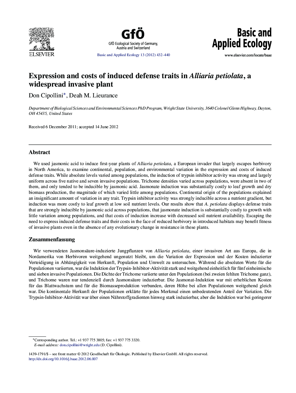 Expression and costs of induced defense traits in Alliaria petiolata, a widespread invasive plant