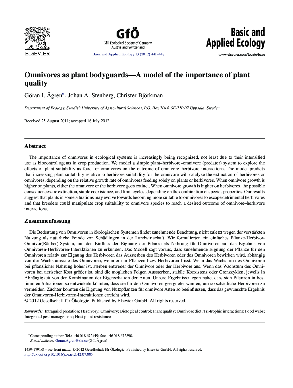 Omnivores as plant bodyguards-A model of the importance of plant quality