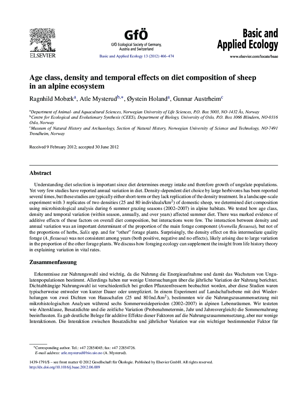 Age class, density and temporal effects on diet composition of sheep in an alpine ecosystem