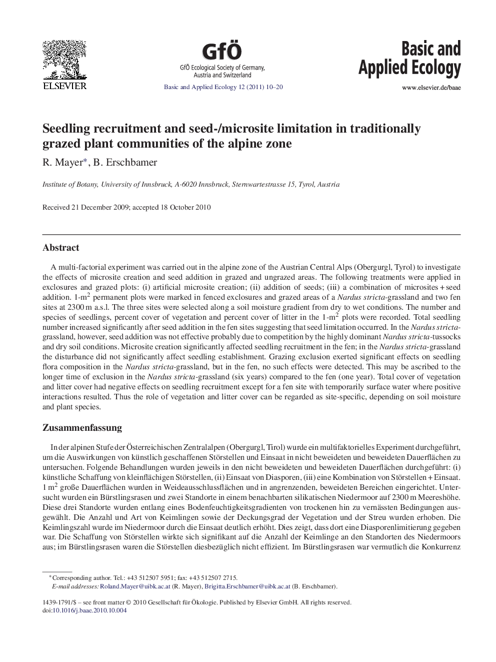 Seedling recruitment and seed-/microsite limitation in traditionally grazed plant communities of the alpine zone