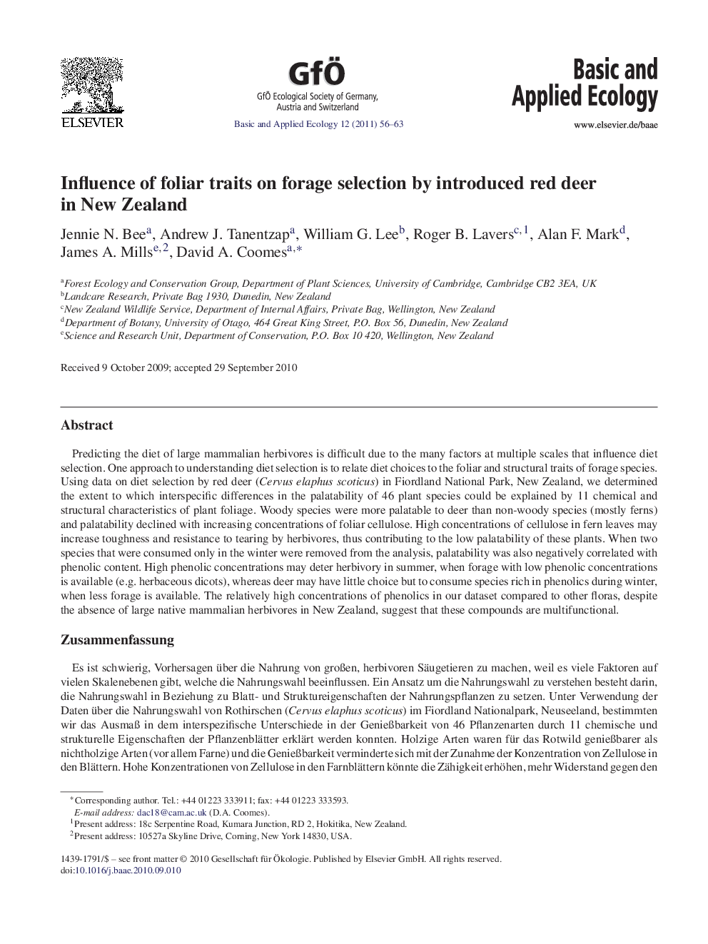 Influence of foliar traits on forage selection by introduced red deer in New Zealand