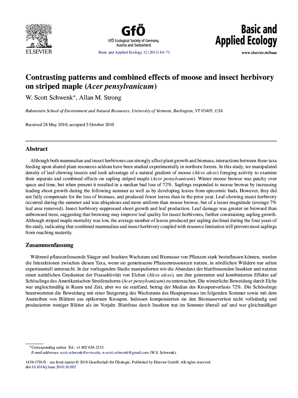 Contrasting patterns and combined effects of moose and insect herbivory on striped maple (Acer pensylvanicum)