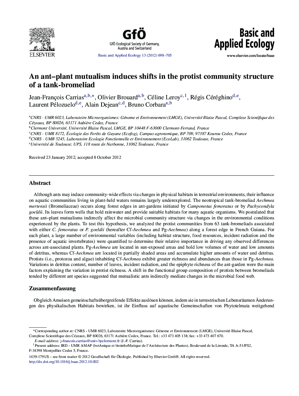 An ant–plant mutualism induces shifts in the protist community structure of a tank-bromeliad