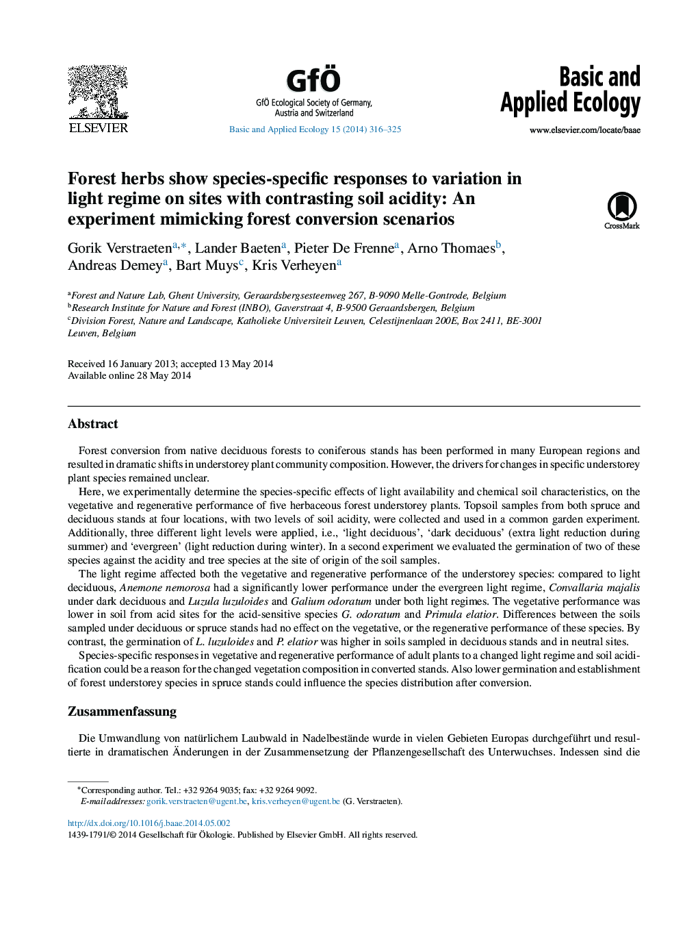 Forest herbs show species-specific responses to variation in light regime on sites with contrasting soil acidity: An experiment mimicking forest conversion scenarios