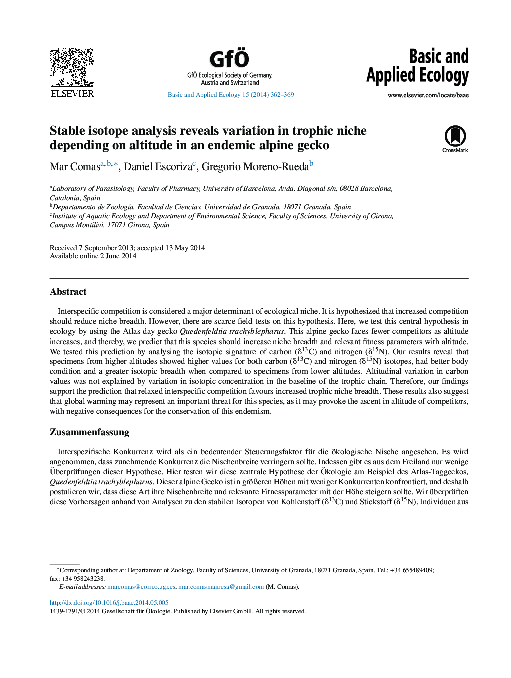 Stable isotope analysis reveals variation in trophic niche depending on altitude in an endemic alpine gecko