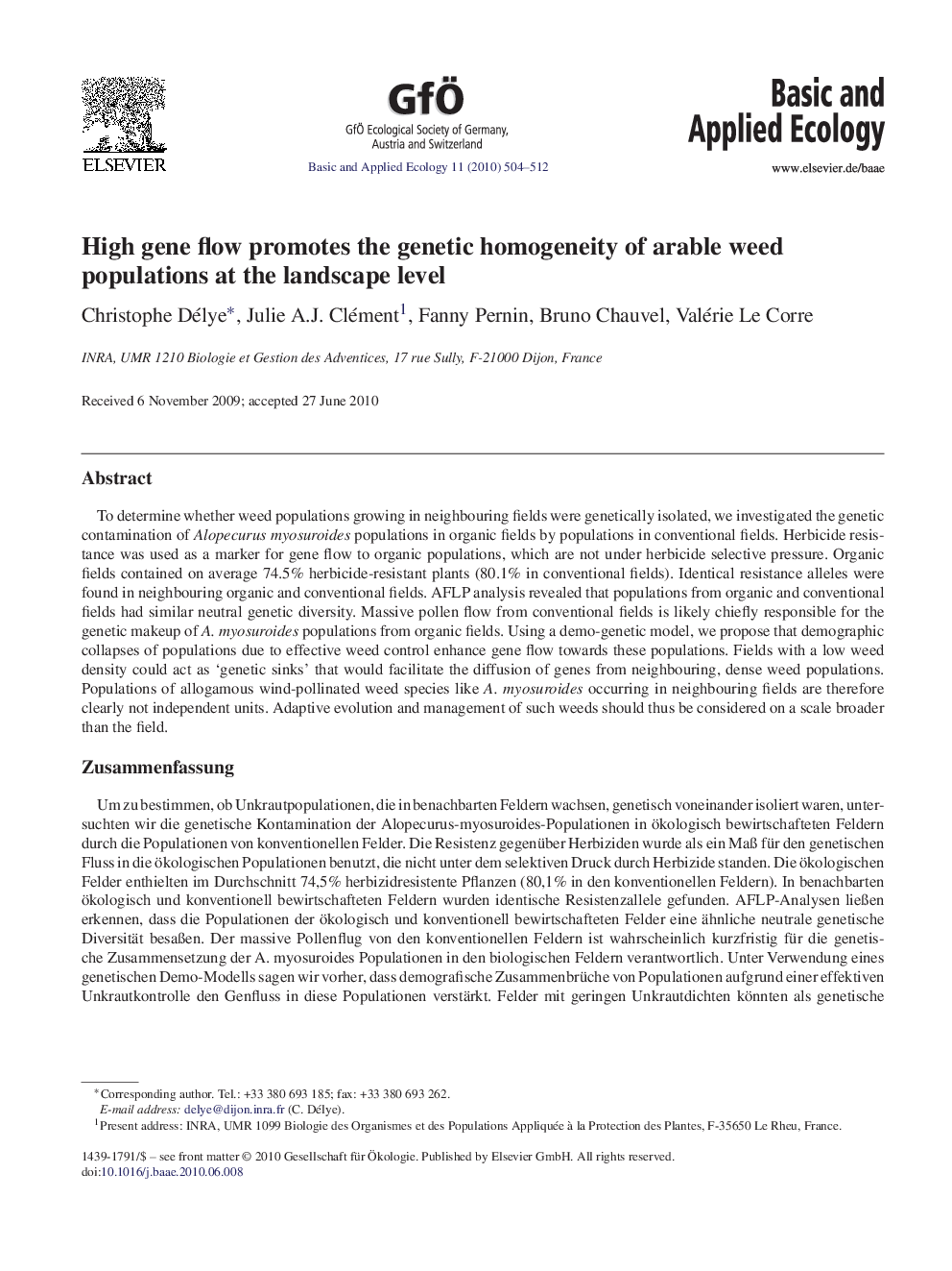 High gene flow promotes the genetic homogeneity of arable weed populations at the landscape level