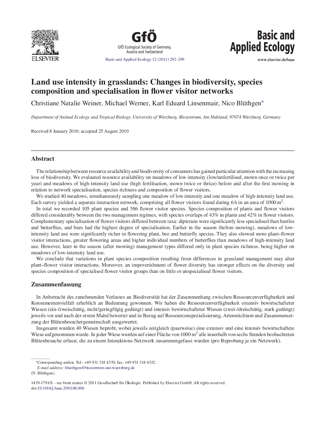 Land use intensity in grasslands: Changes in biodiversity, species composition and specialisation in flower visitor networks