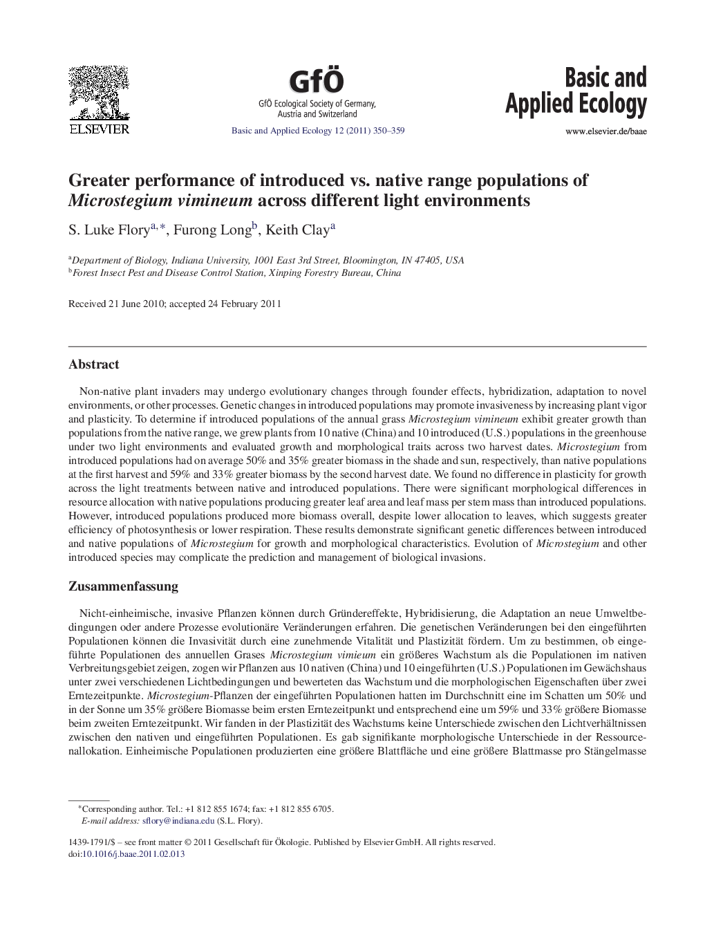 Greater performance of introduced vs. native range populations of Microstegium vimineum across different light environments