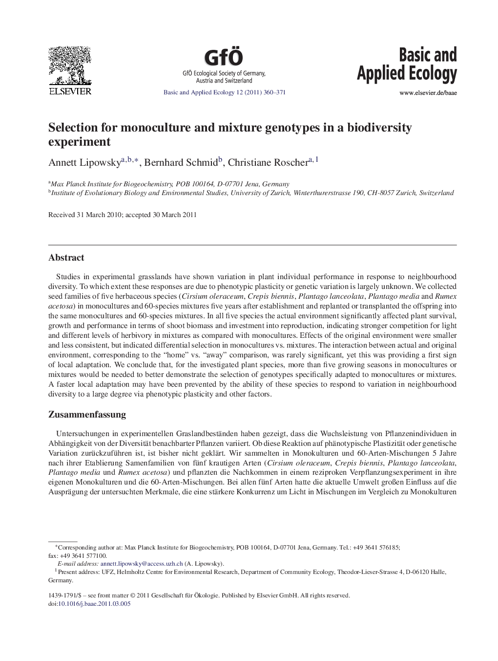 Selection for monoculture and mixture genotypes in a biodiversity experiment