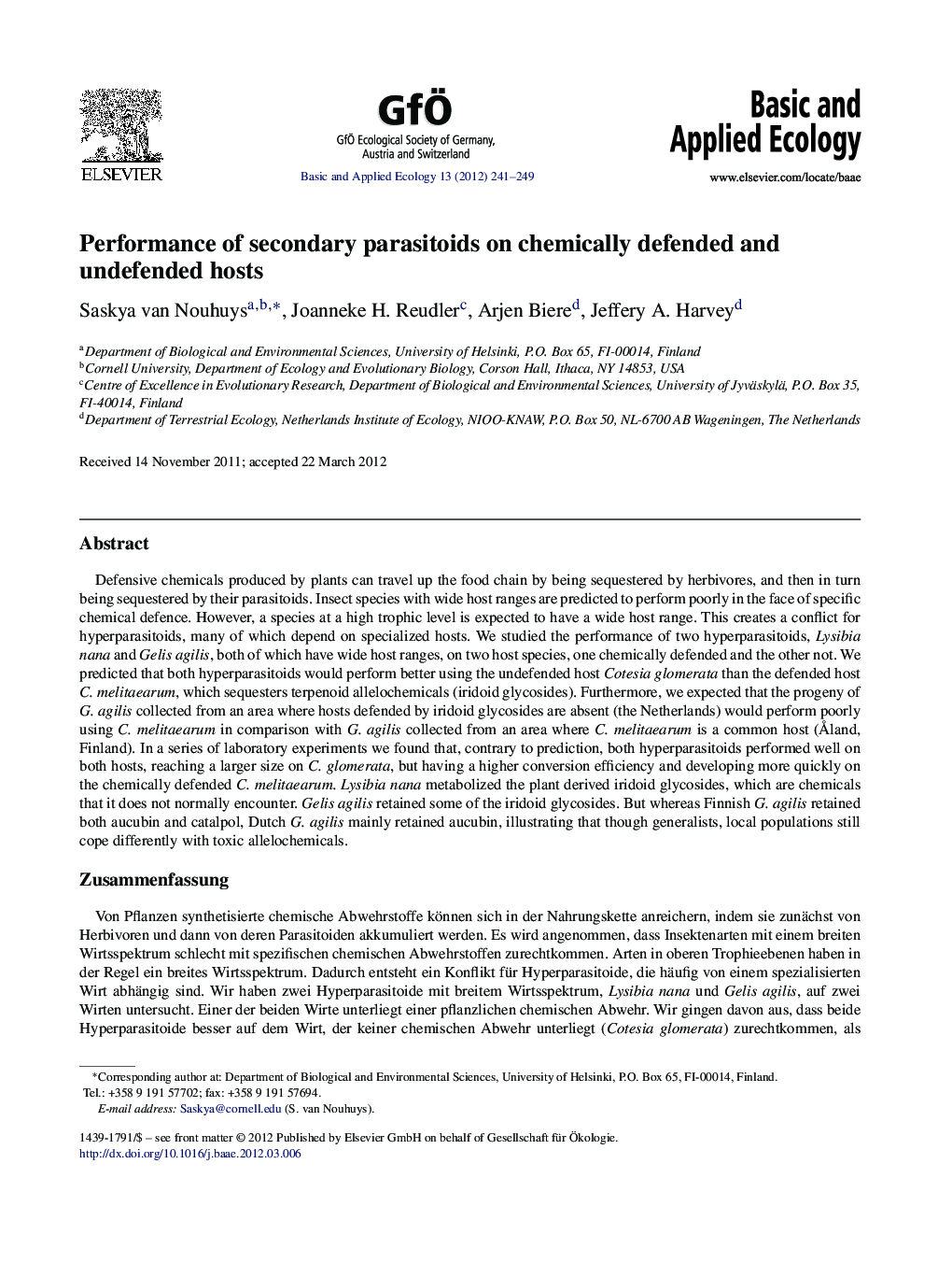 Performance of secondary parasitoids on chemically defended and undefended hosts