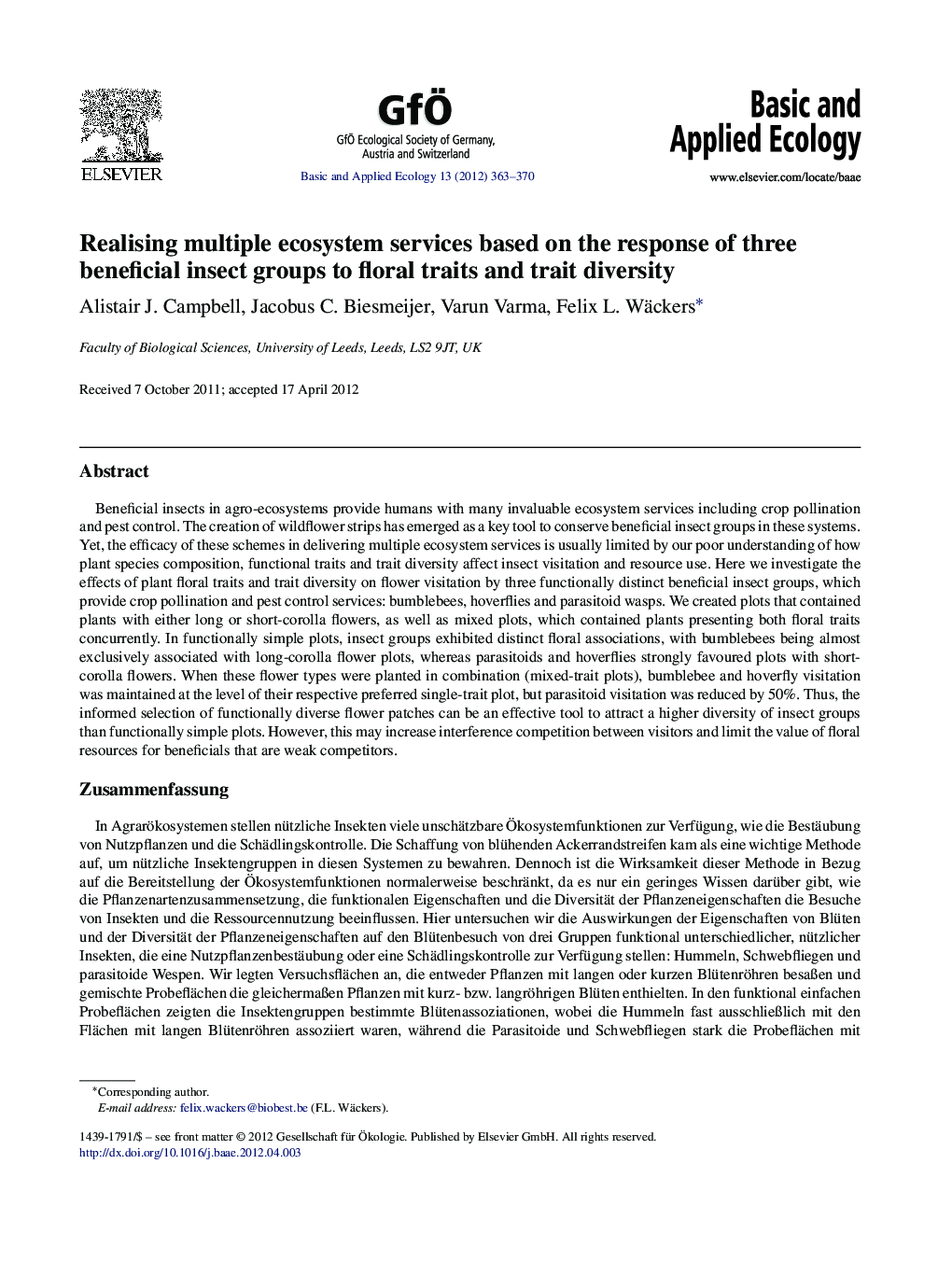 Realising multiple ecosystem services based on the response of three beneficial insect groups to floral traits and trait diversity