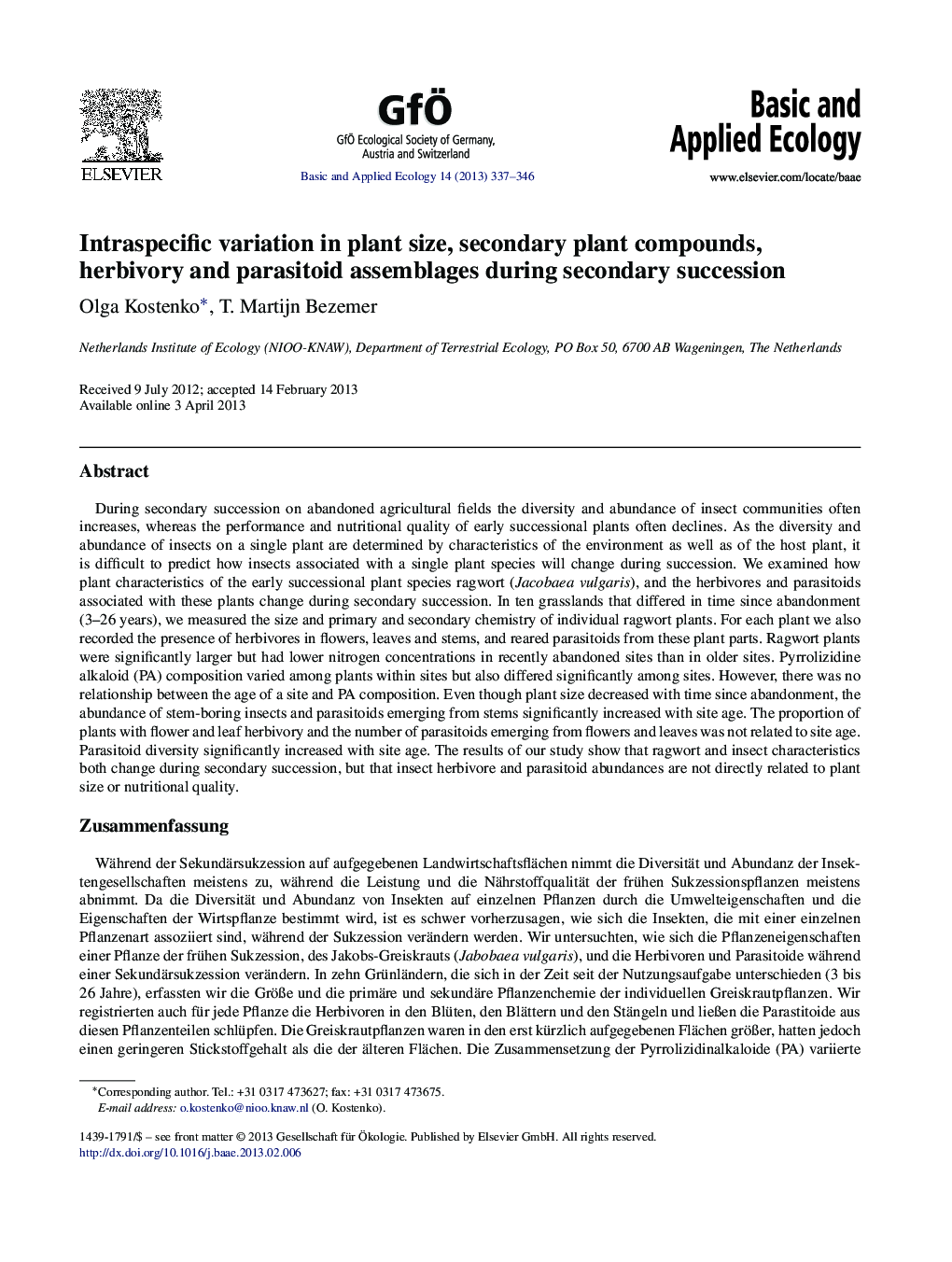 Intraspecific variation in plant size, secondary plant compounds, herbivory and parasitoid assemblages during secondary succession
