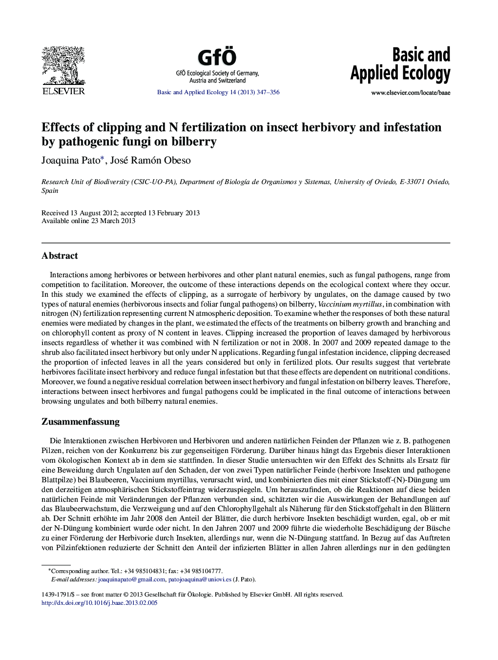 Effects of clipping and N fertilization on insect herbivory and infestation by pathogenic fungi on bilberry