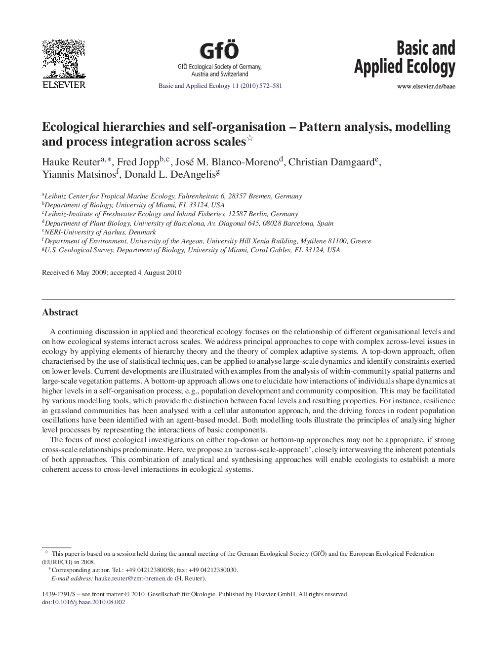 Ecological hierarchies and self-organisation – Pattern analysis, modelling and process integration across scales 