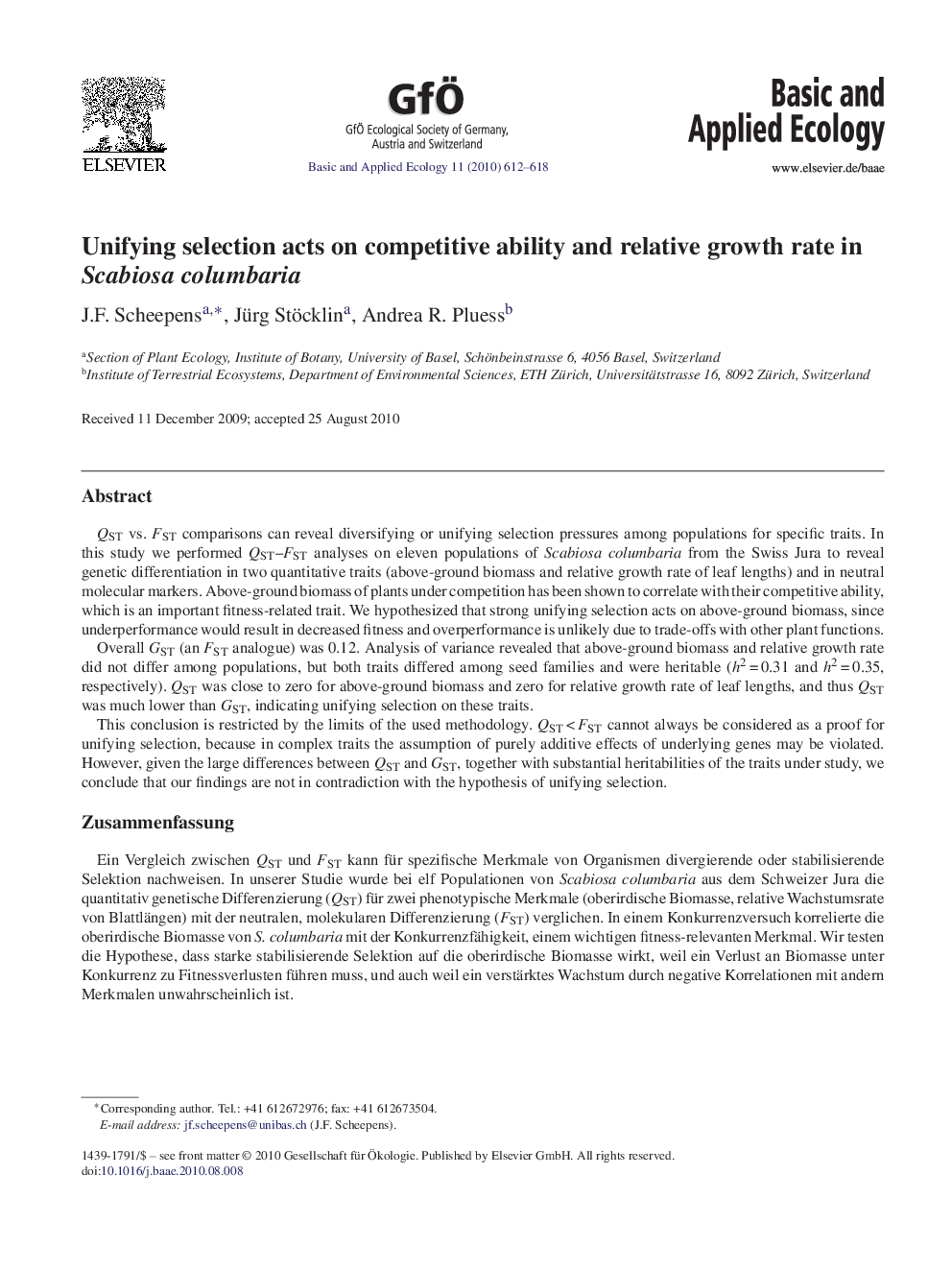 Unifying selection acts on competitive ability and relative growth rate in Scabiosa columbaria