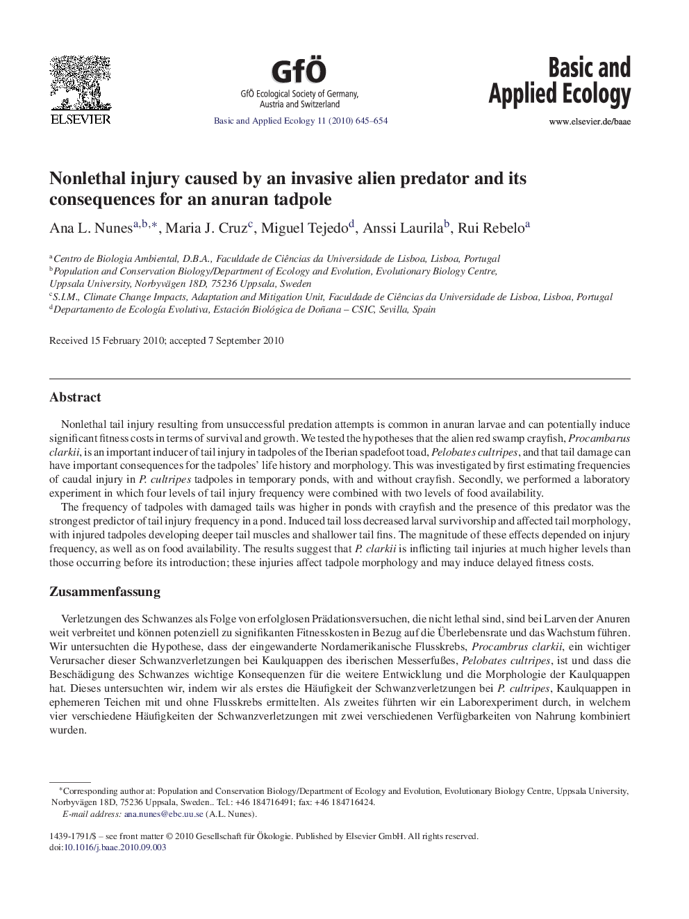 Nonlethal injury caused by an invasive alien predator and its consequences for an anuran tadpole