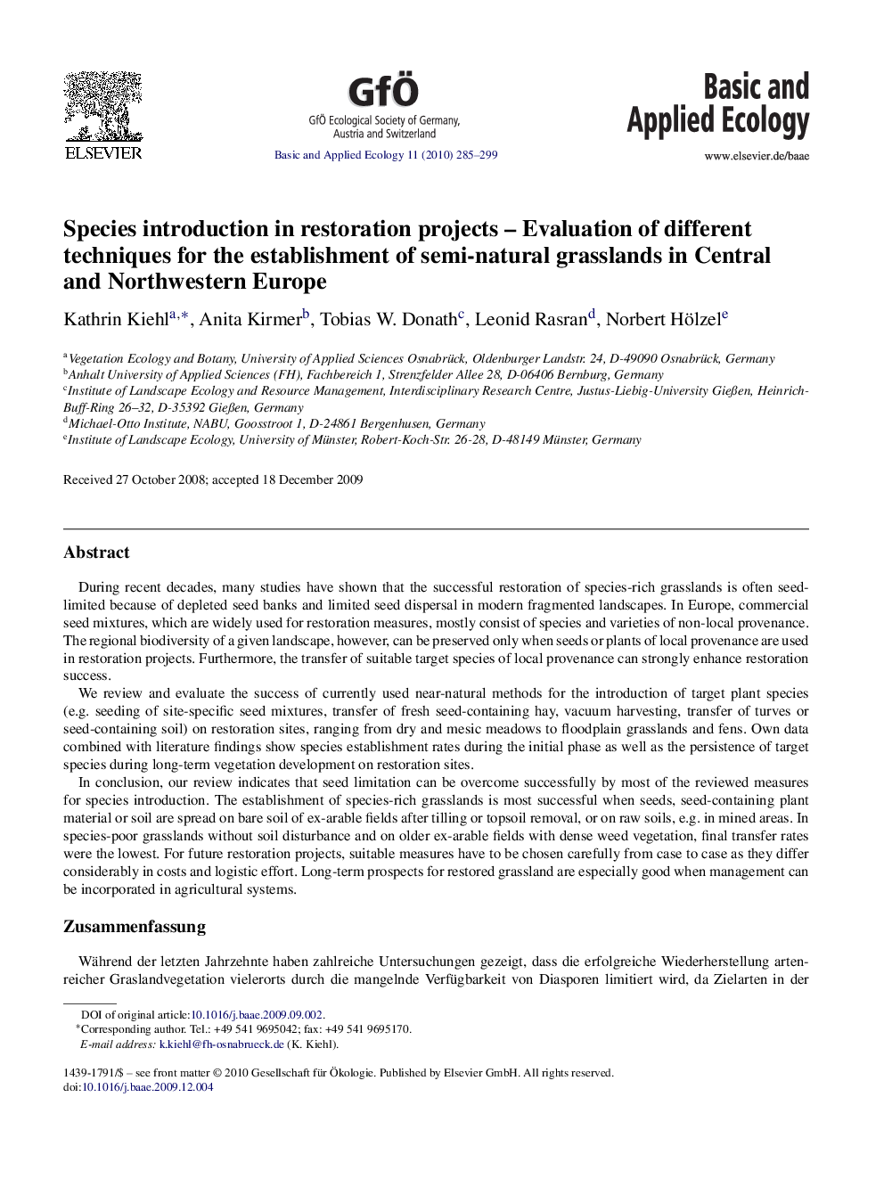 Species introduction in restoration projects – Evaluation of different techniques for the establishment of semi-natural grasslands in Central and Northwestern Europe