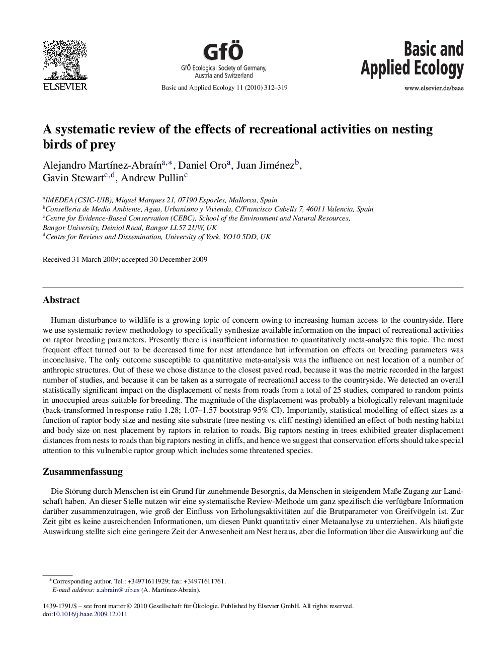 A systematic review of the effects of recreational activities on nesting birds of prey