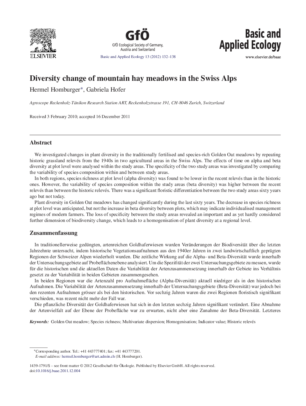 Diversity change of mountain hay meadows in the Swiss Alps