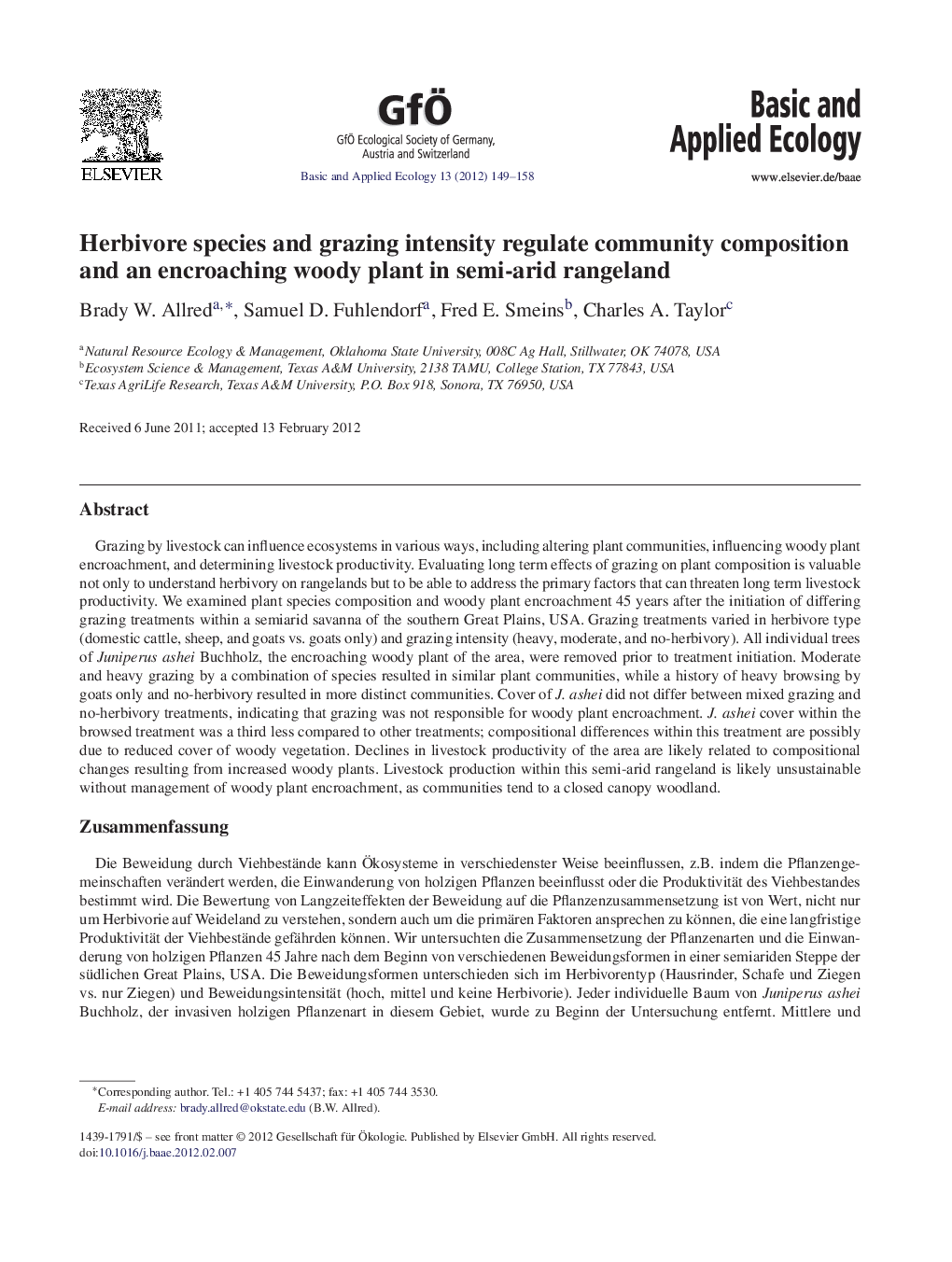 Herbivore species and grazing intensity regulate community composition and an encroaching woody plant in semi-arid rangeland