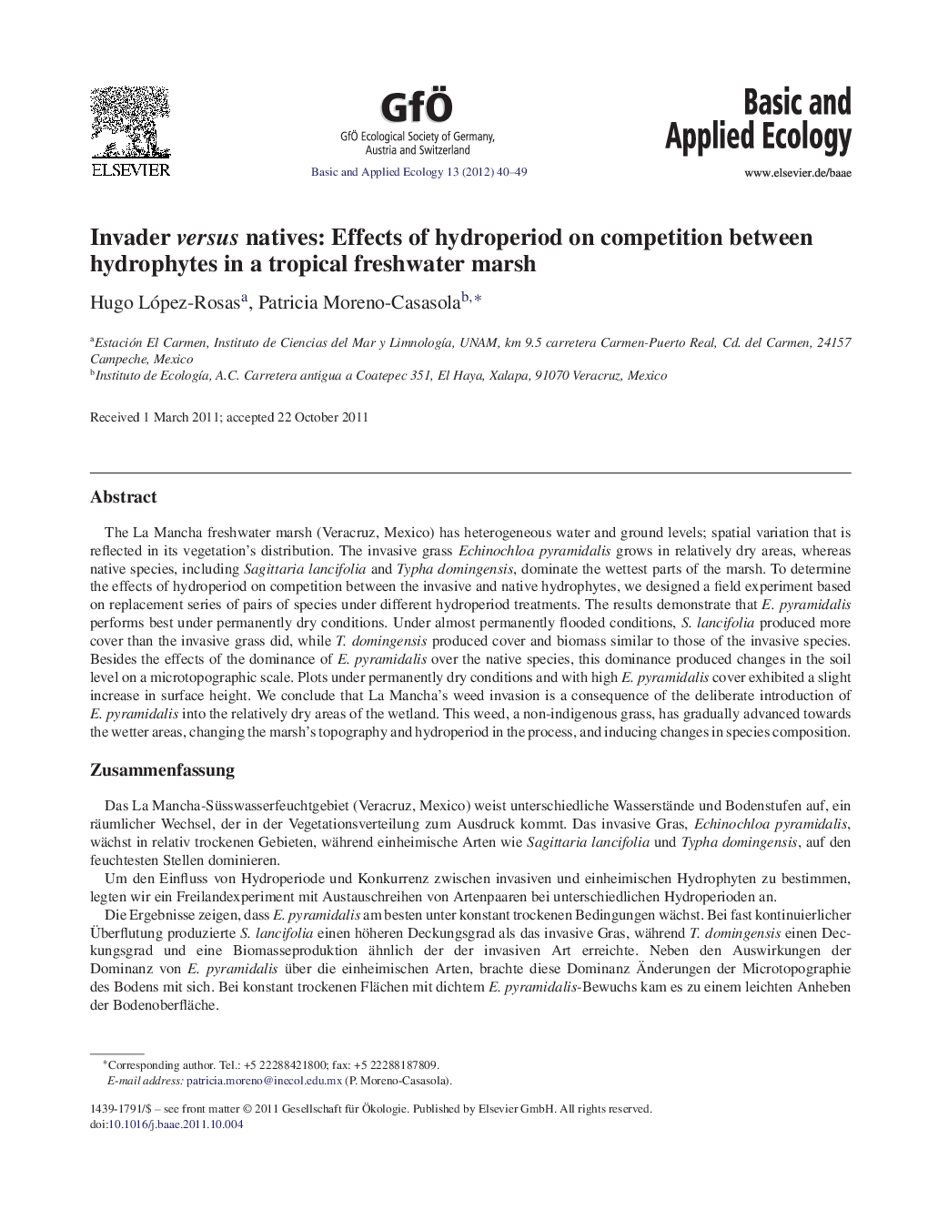 Invader versus natives: Effects of hydroperiod on competition between hydrophytes in a tropical freshwater marsh